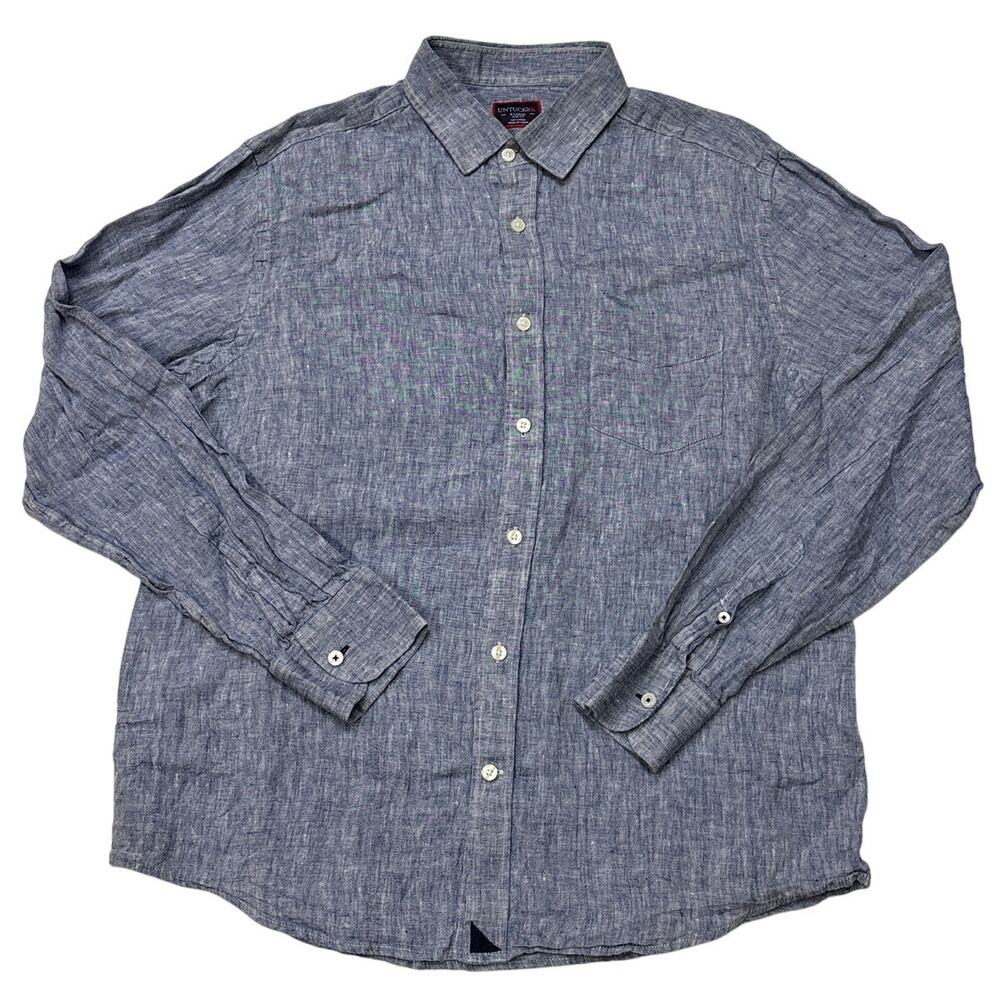 Untuckit Shirt Mens Sz XL Blue Slim Fit 100% Linen Button Up Long Sleeve *FLAW*